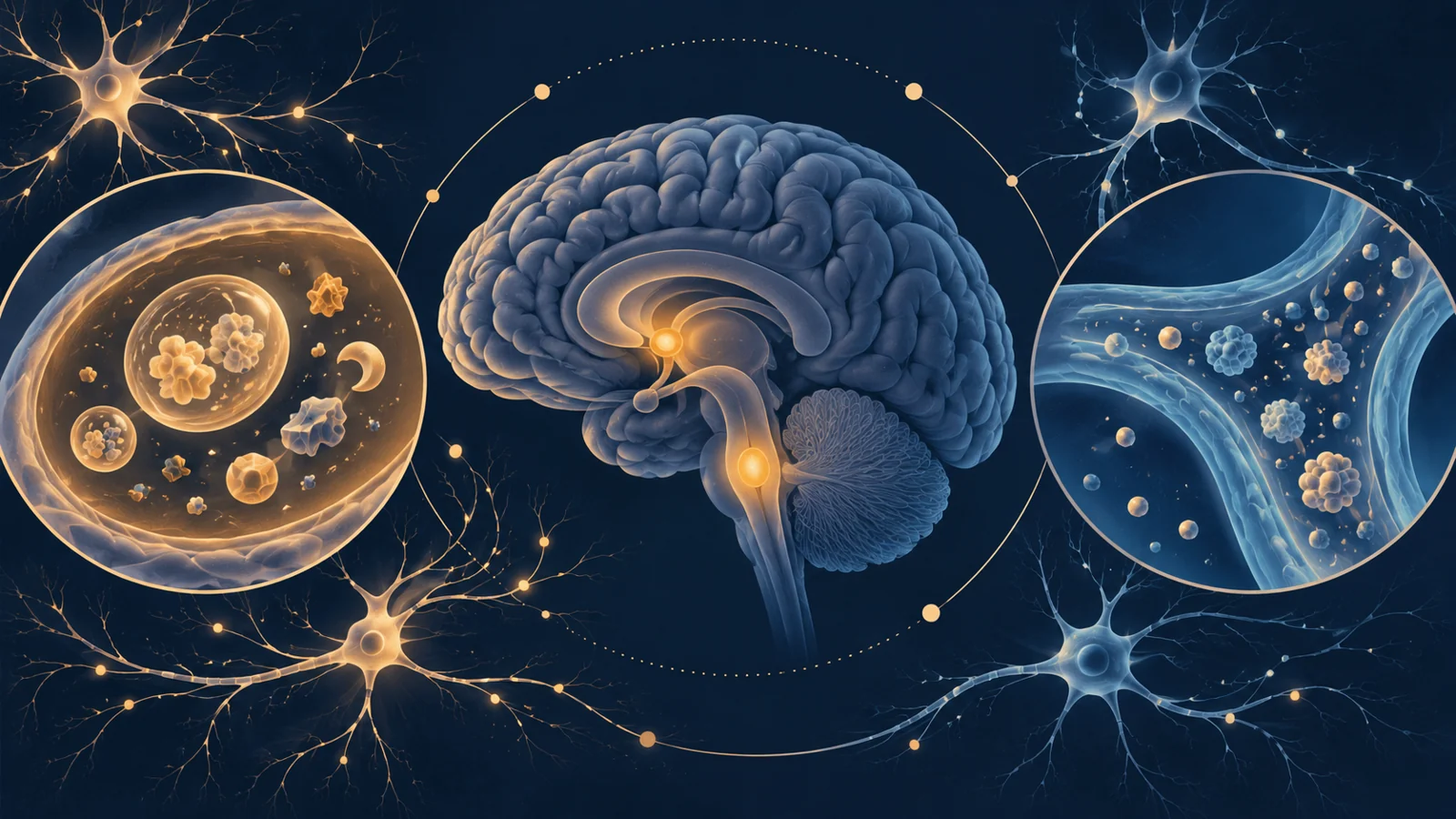 Simplified brain showing brainstem and hypothalamic sleep controls connected with neuronal protein degradation and fluid-associated clearance pathways.
