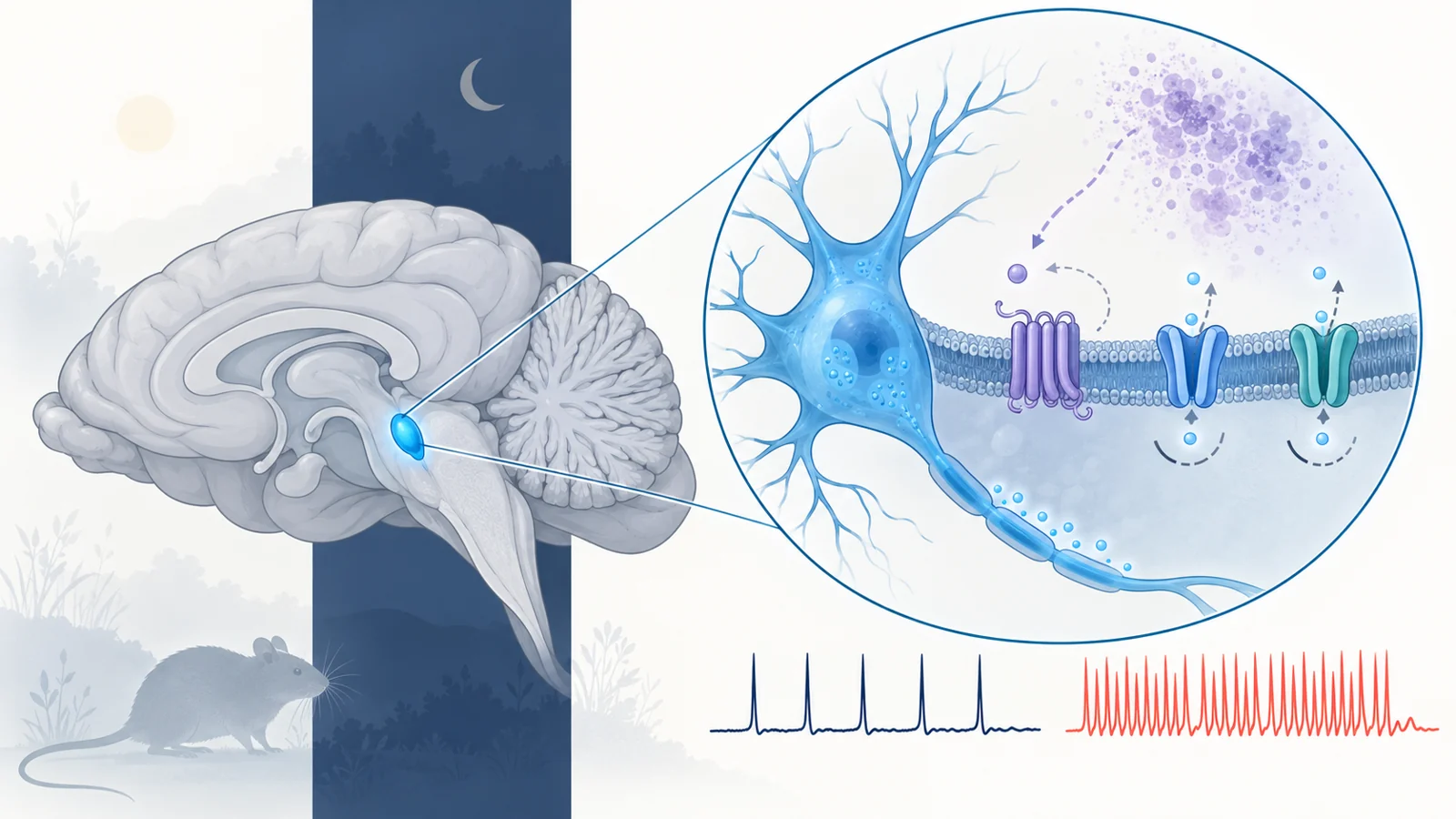Schematic mouse brain highlighting the locus coeruleus and a neuron with weakened adrenergic and potassium-channel braking