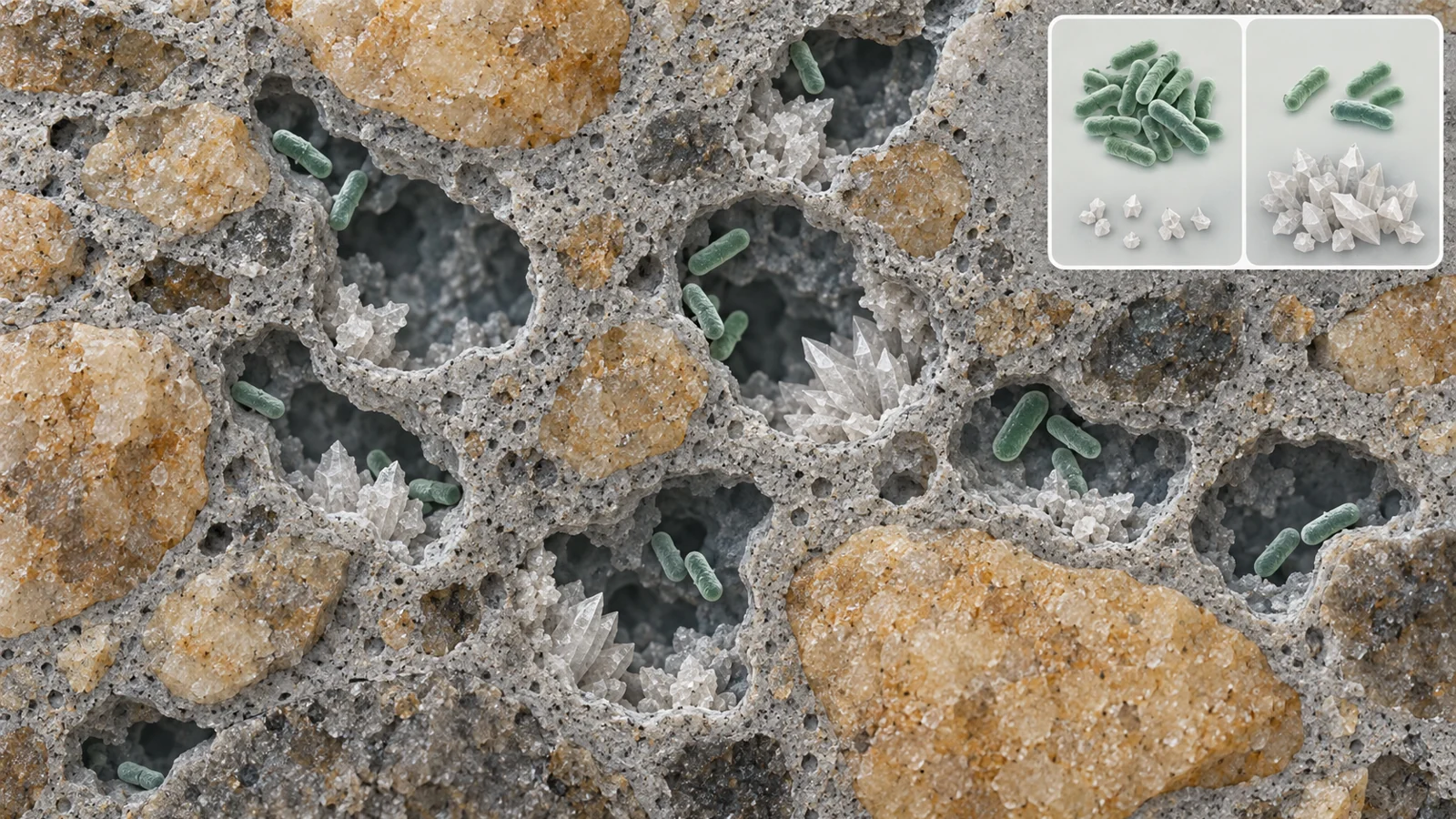 Conceptual cutaway of mortar with rod-shaped bacteria and calcium carbonate deposits in pore spaces