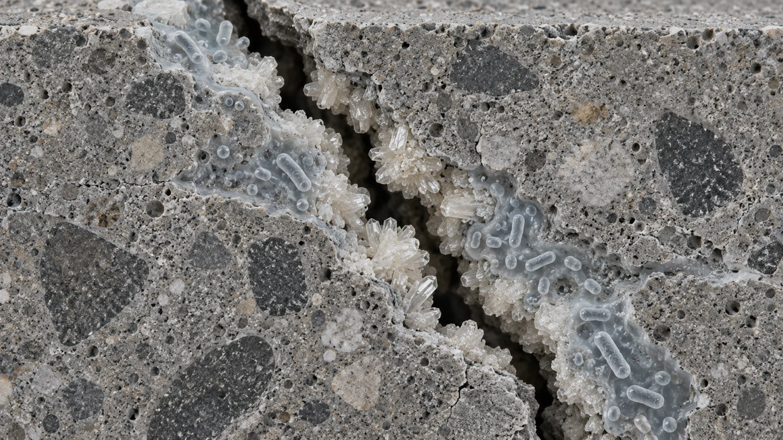 Conceptual cross-section of cracked concrete with mineral material forming inside the fissure and bacteria nearby.