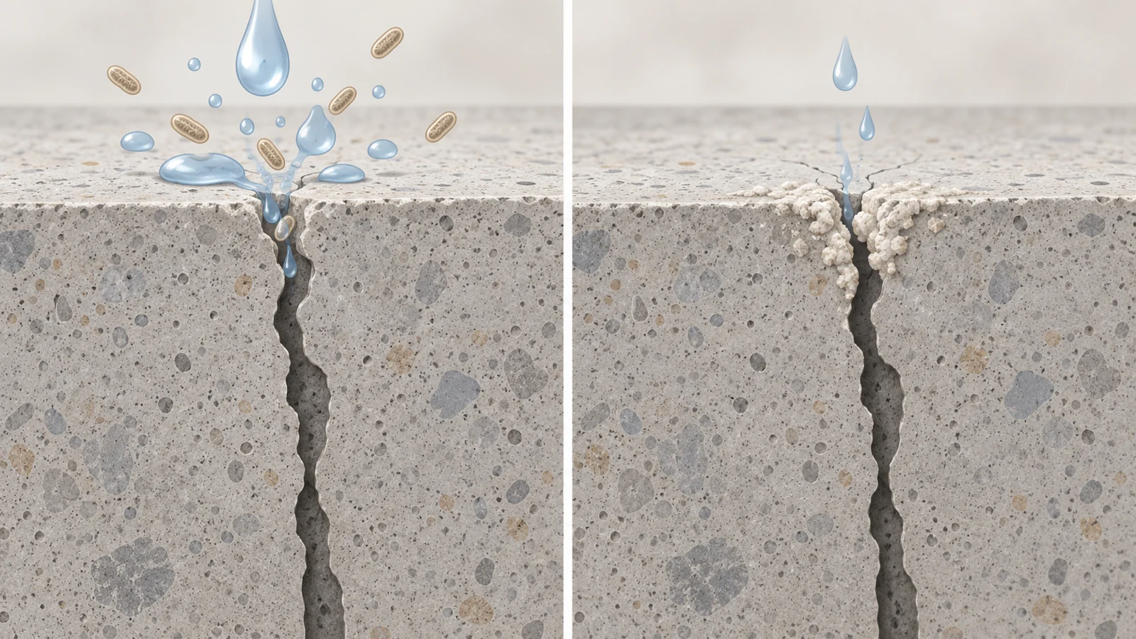 Schematic concrete crack treated with bacterial spores and calcium nitrate, with calcite-like deposits forming at the crack mouth