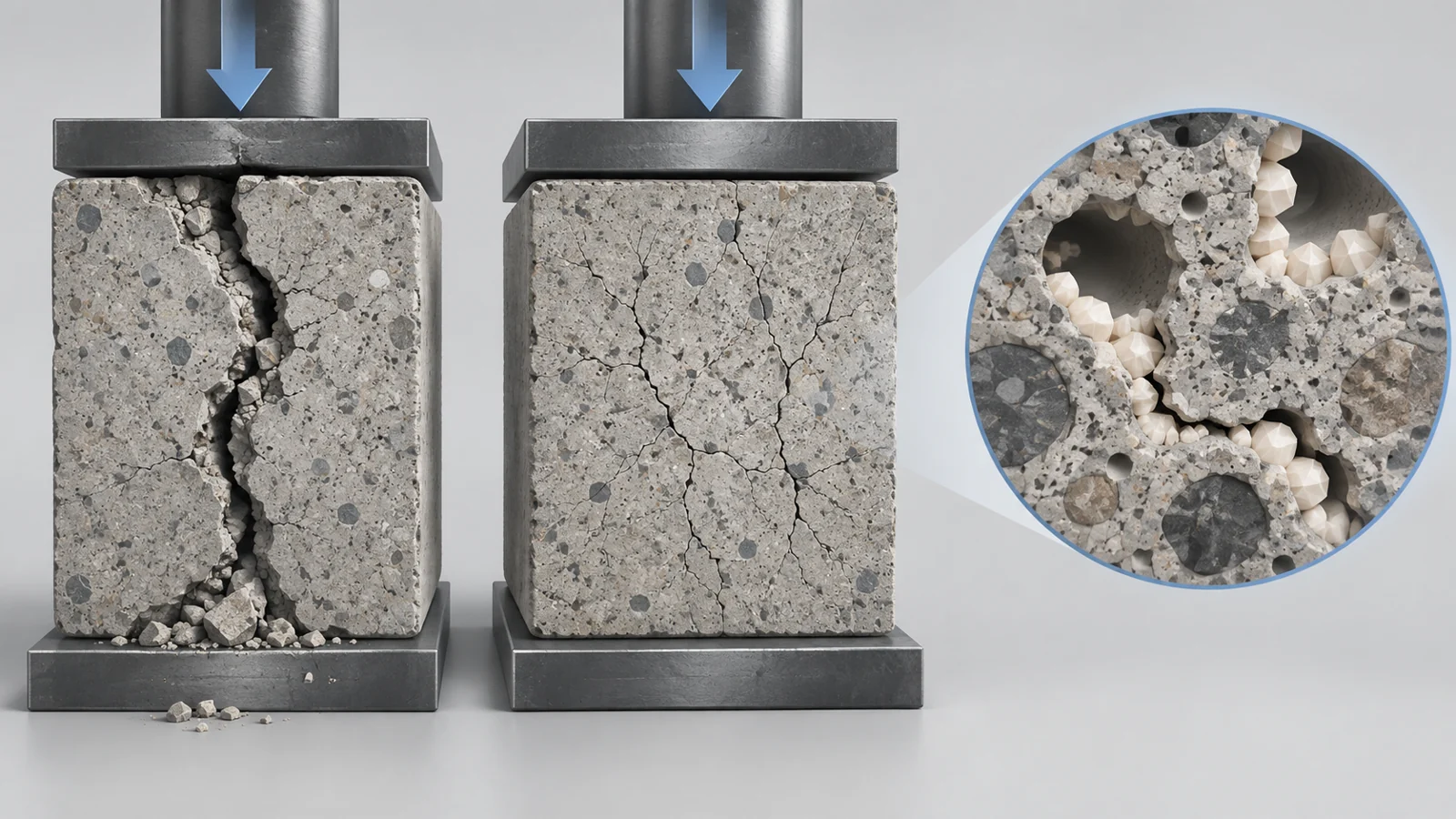 Cutaway comparison of control concrete with one dominant crack and bacterial concrete with finer distributed cracks