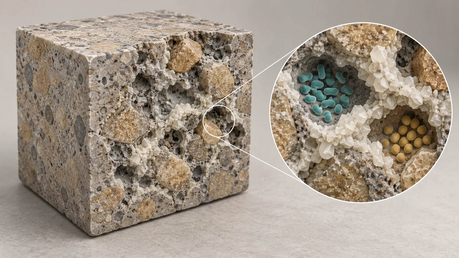 Cutaway mortar cube showing two bacterial populations and calcium carbonate deposits among cement and sand grains
