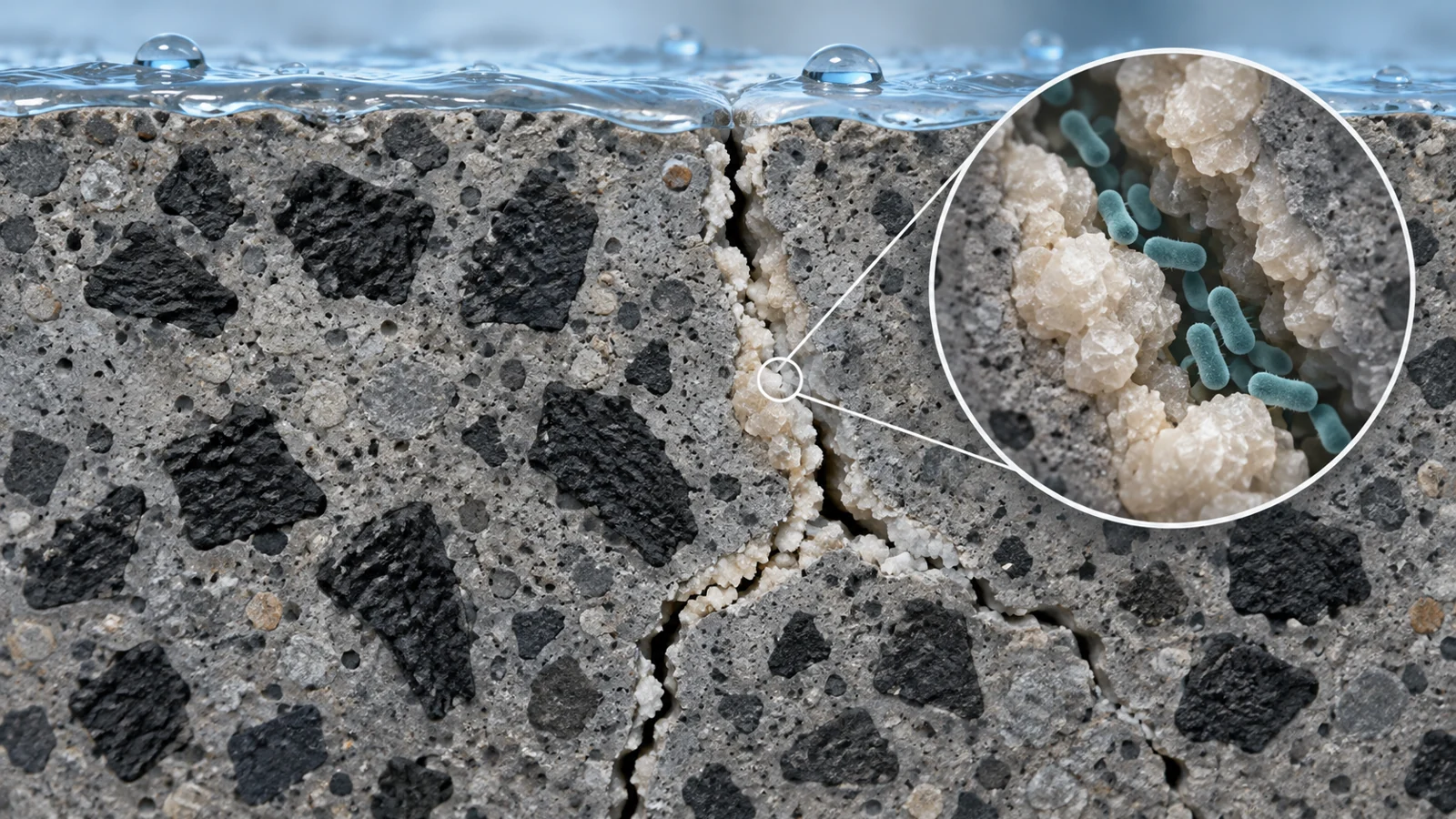 Cutaway view of concrete with dark crumb-rubber particles and pale mineral deposits filling a crack during water curing