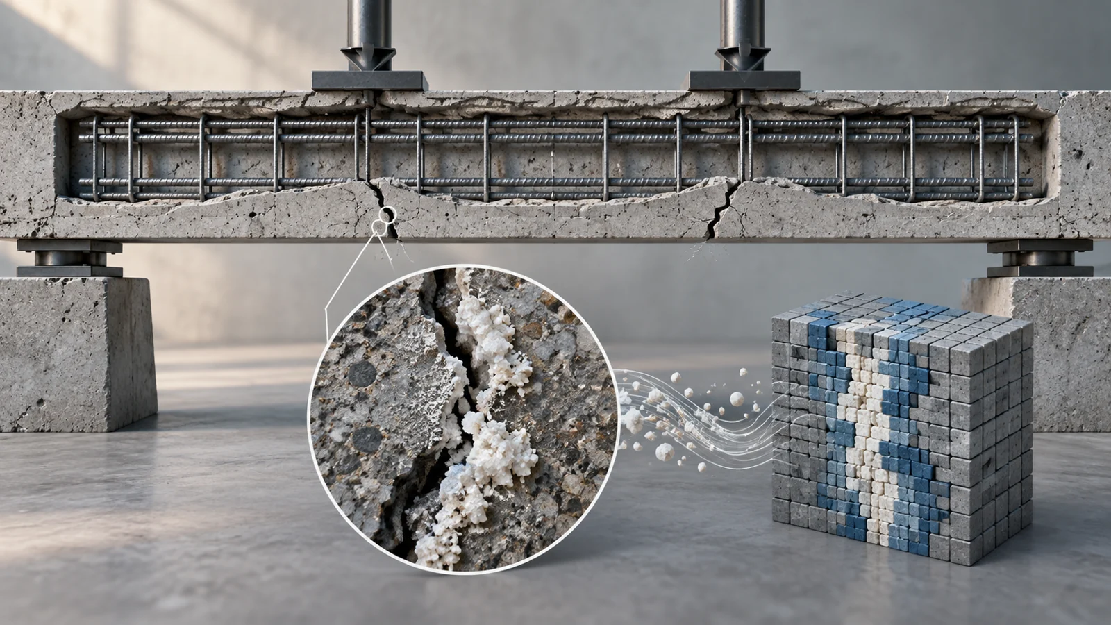 Conceptual cutaway of a reinforced concrete beam on two supports, with two loading points and cracks rising from its underside.