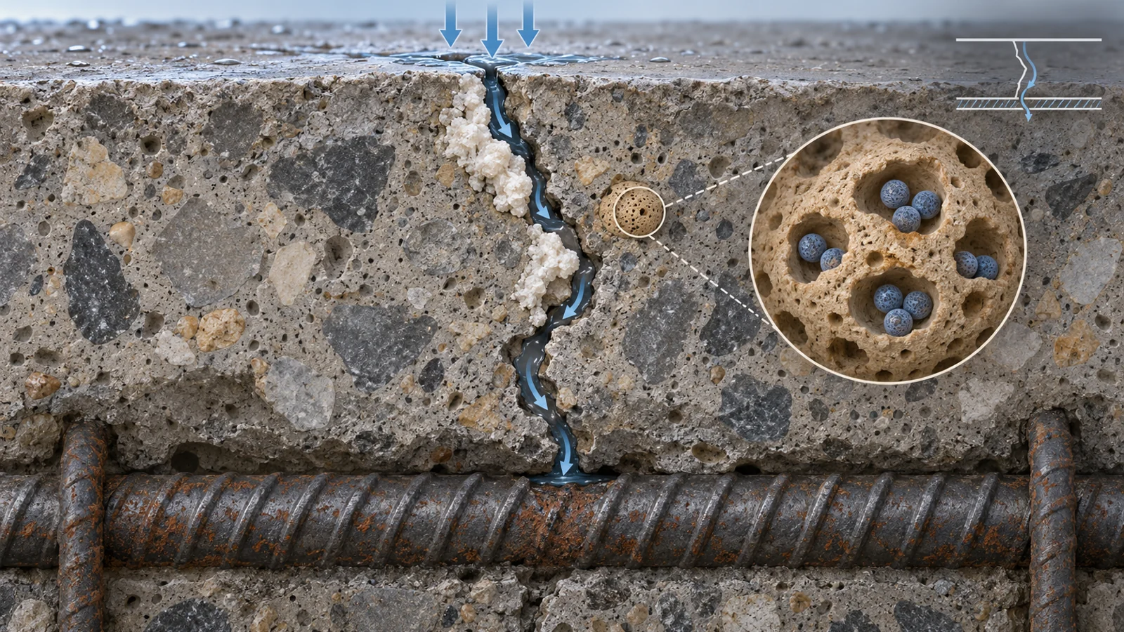 Cutaway concrete shows bacterial spores in a porous carrier, moisture entering a crack, mineral deposits forming, and steel reinforcement below.