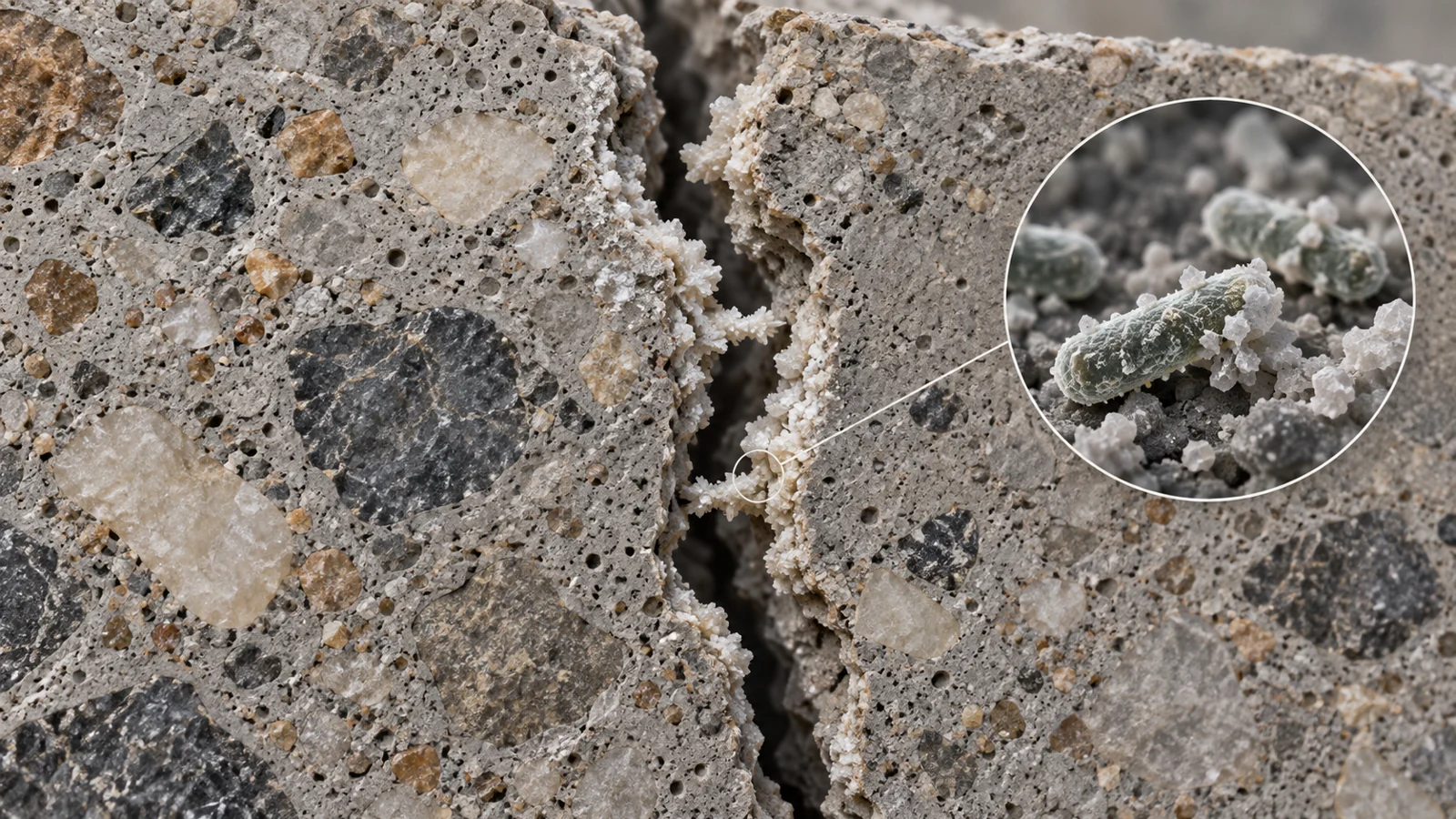Cutaway concrete crack with aggregate grains and pale mineral deposits forming along the crack faces