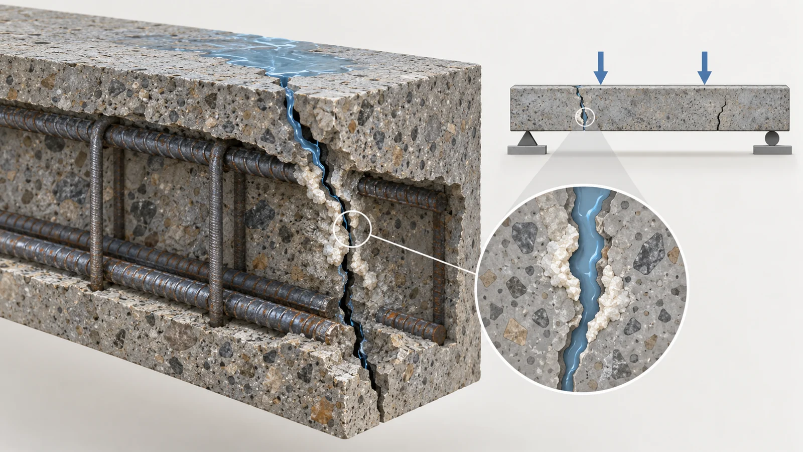 Cutaway concrete beam showing mineral deposits sealing a crack beside a two-point loading schematic