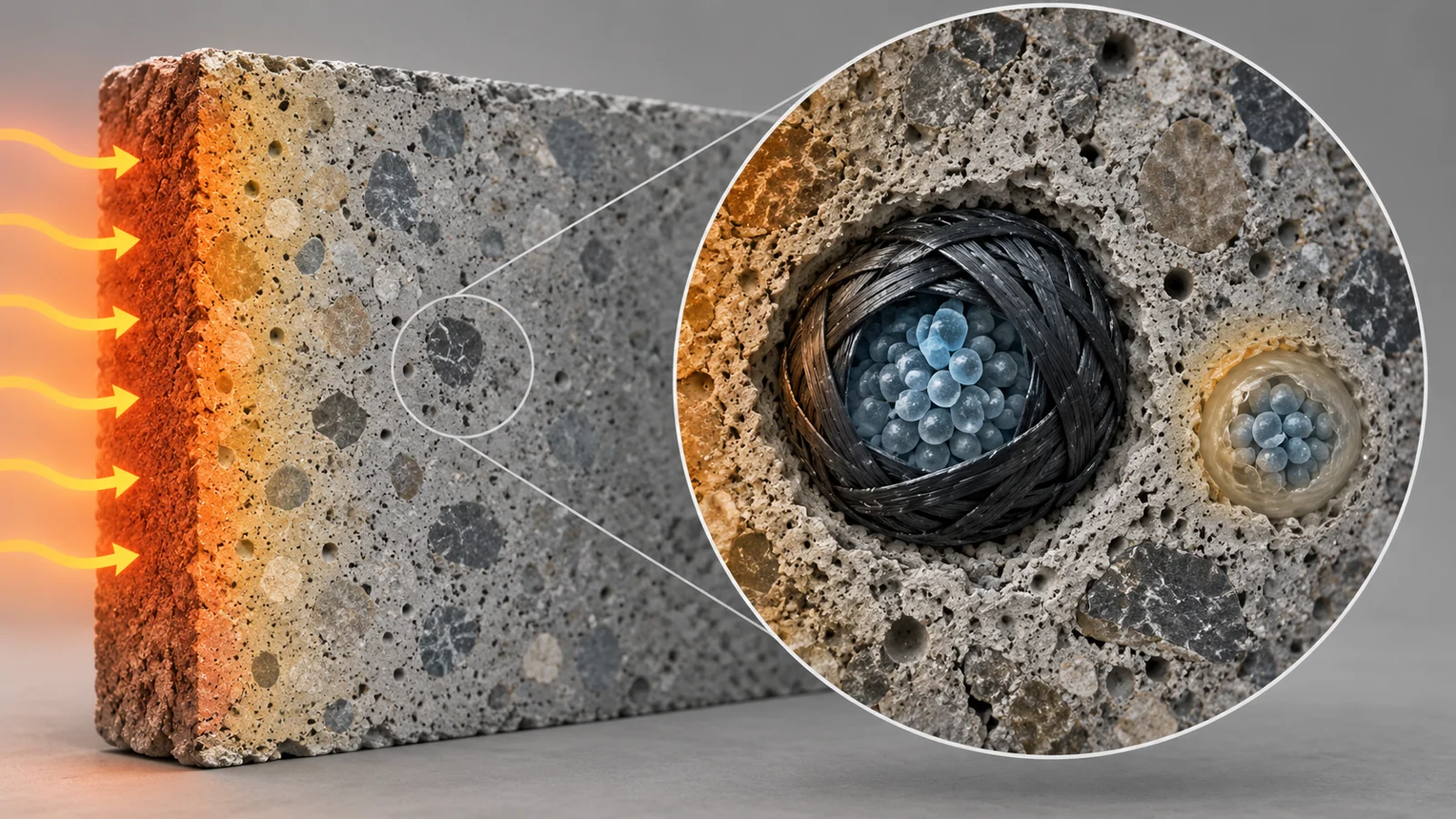 Cutaway concrete specimen showing heat entering layered material around carbon-fiber and gelatin bacterial carriers.