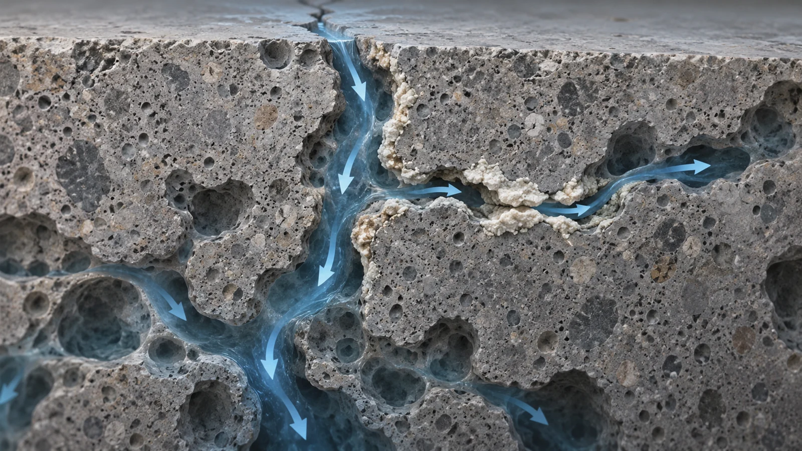 Cutaway concrete crack with mineral deposits and arrows showing uneven ion movement through connected pores