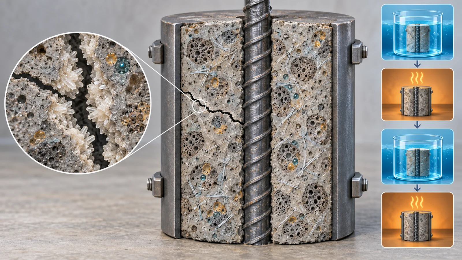 Cutaway of lightweight concrete with a central steel bar, fibers, porous aggregate carrying spores, and calcium-carbonate deposits in a crack.