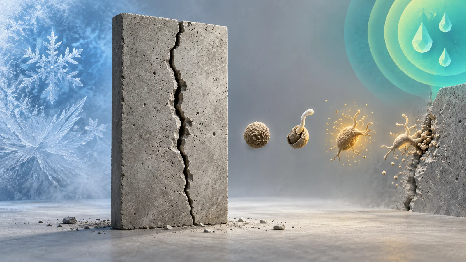 Open concrete crack beside a conceptual sequence from dormant spore to germination and nearly simultaneous enzyme activity and deposition