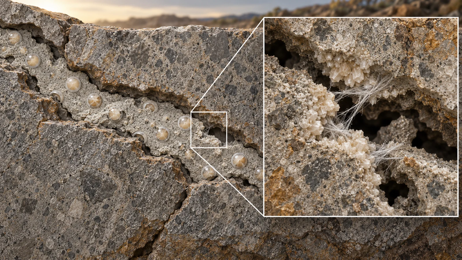 Cutaway of capsule-containing mortar in a rock fracture with mineral deposits and hydration fibers bridging part of the crack.