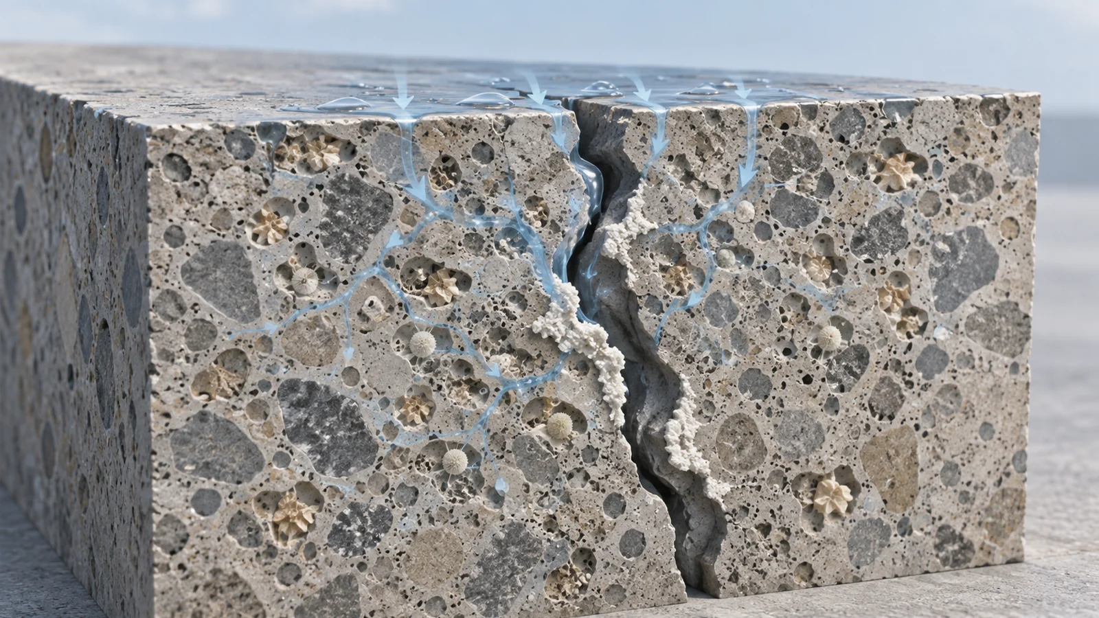 Conceptual cutaway of cracked concrete with embedded spores, nutrient pockets, blue pathways for water and oxygen, and pale mineral deposits.