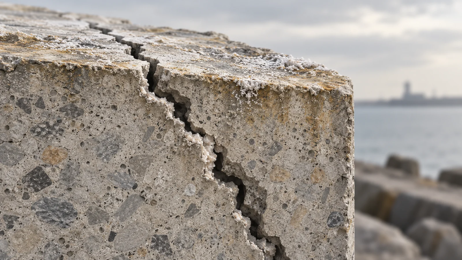 Concrete cross-section with a partially mineral-sealed crack and sulfate exposure at the surrounding surface