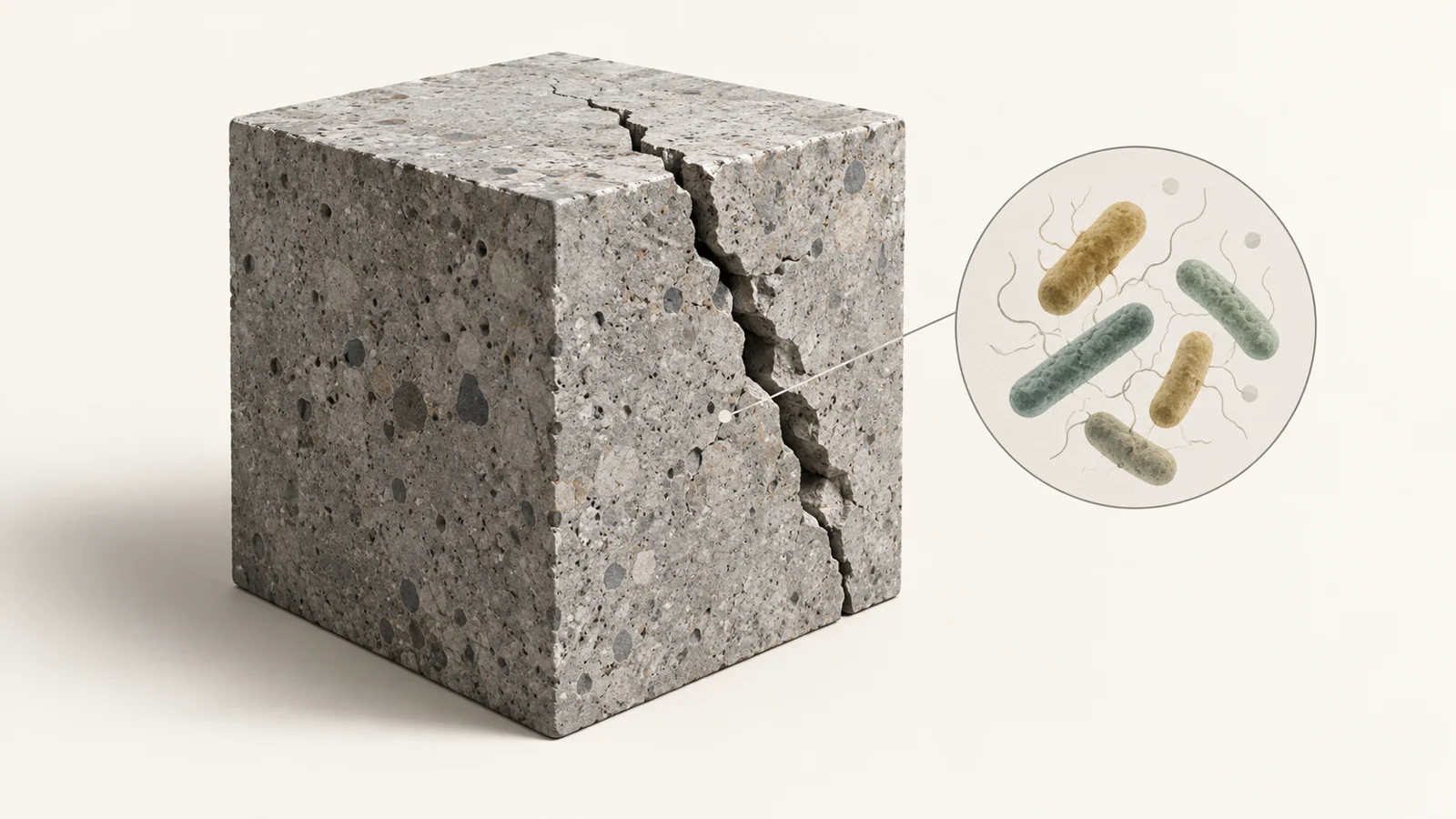 Two cracked concrete cubes beside an inset of partial mineral filling and sample containers leading toward a fresh cube