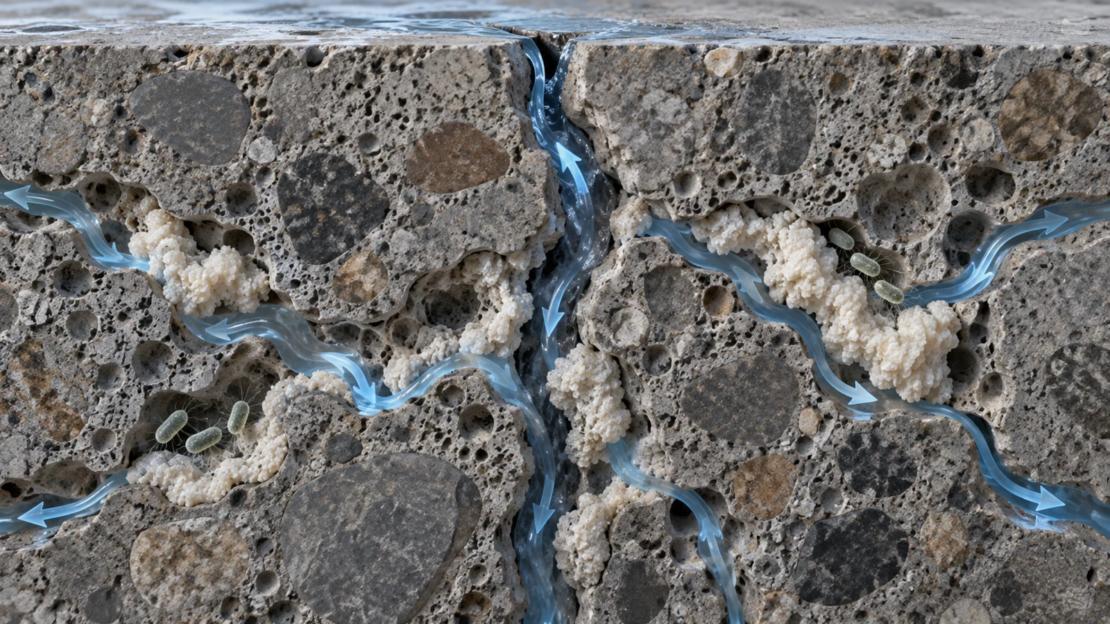 Cross-section of cracked concrete with pale mineral deposits partly blocking water paths through connected pores.