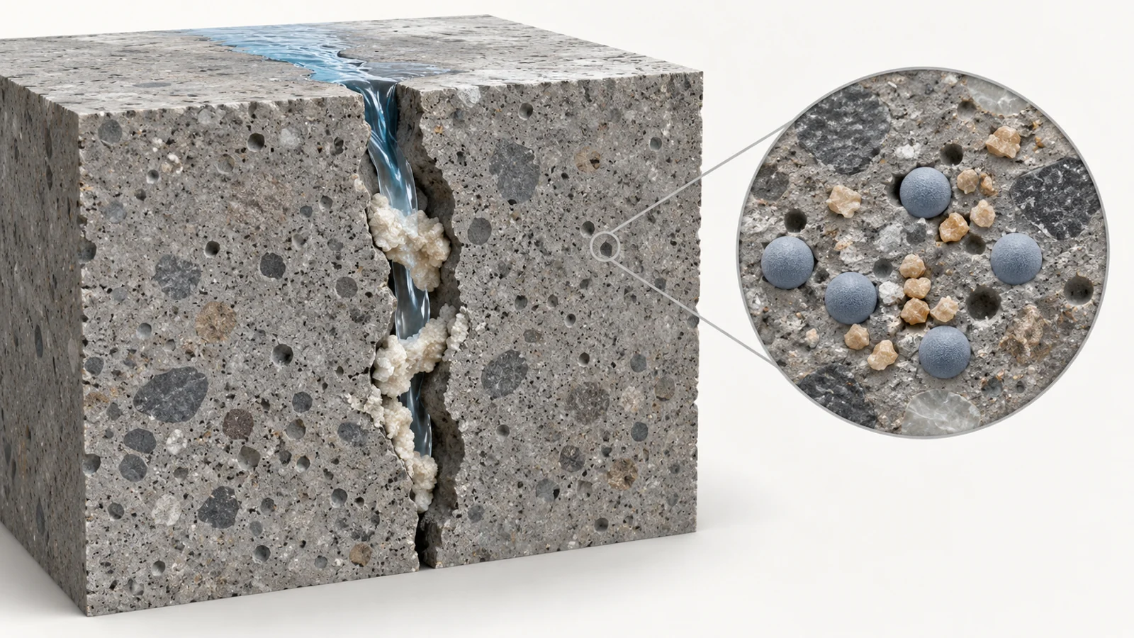 Cutaway concrete crack with water entering, embedded spores and nutrients, and mineral deposits partly filling the opening