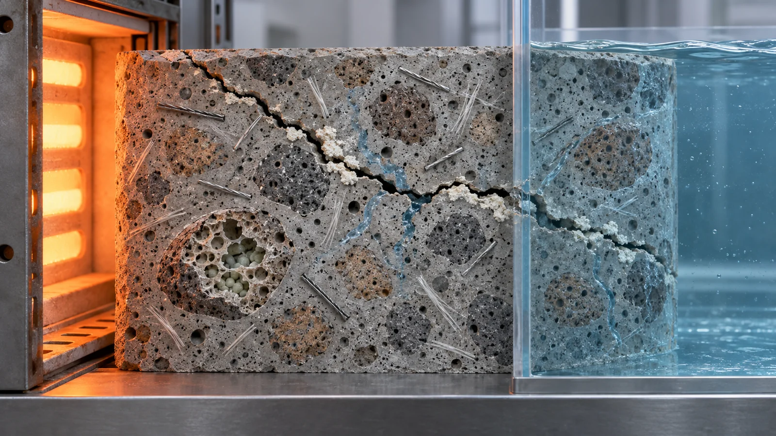 Cutaway lightweight concrete shows porous aggregate carriers, fibers, a partially mineral-filled crack and a furnace-to-water-curing sequence.