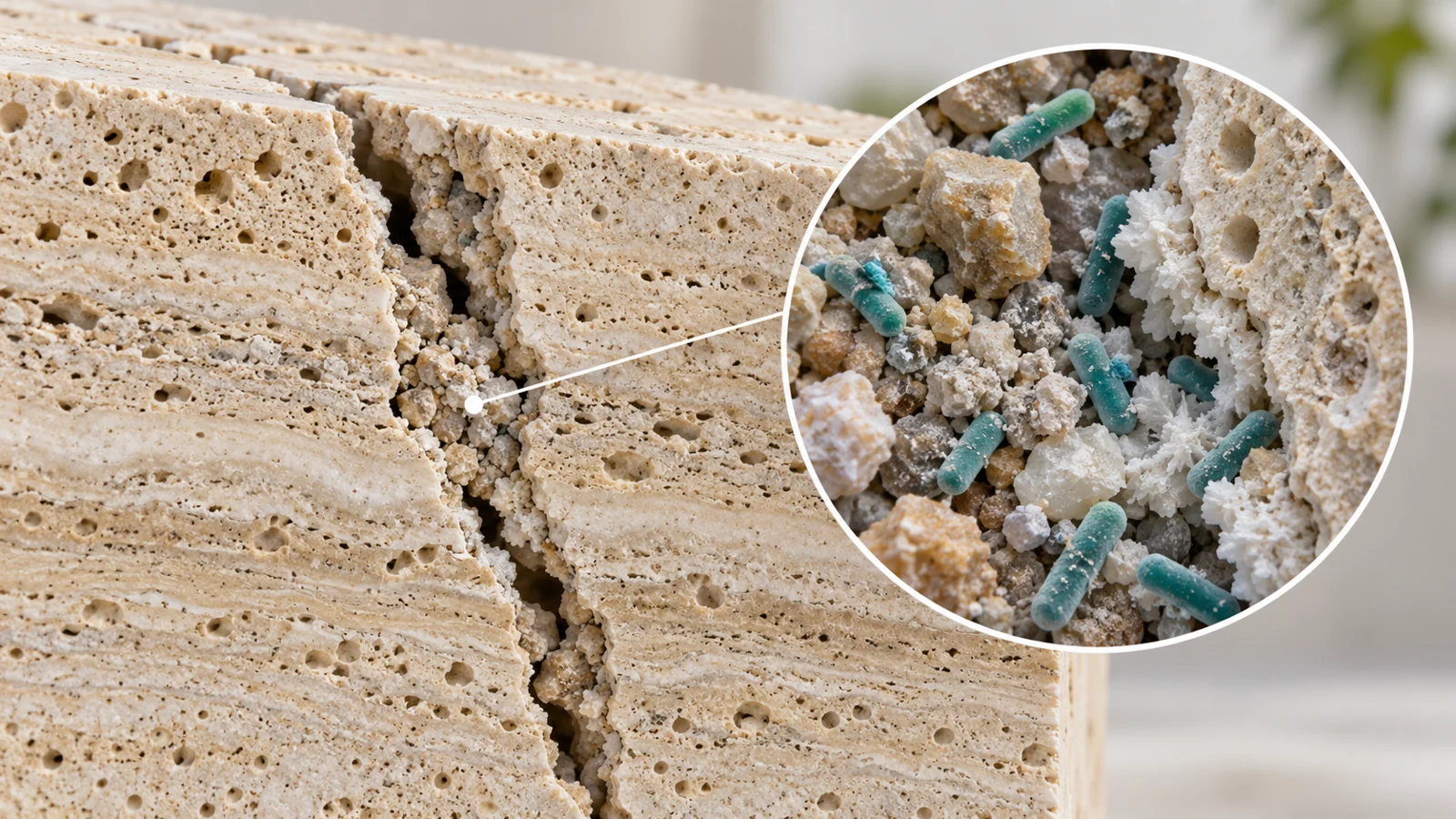 Illustration of stone-powder mortar in a crack in pale travertine, with a magnified inset showing rod-shaped bacteria and mineral deposits at the interface.