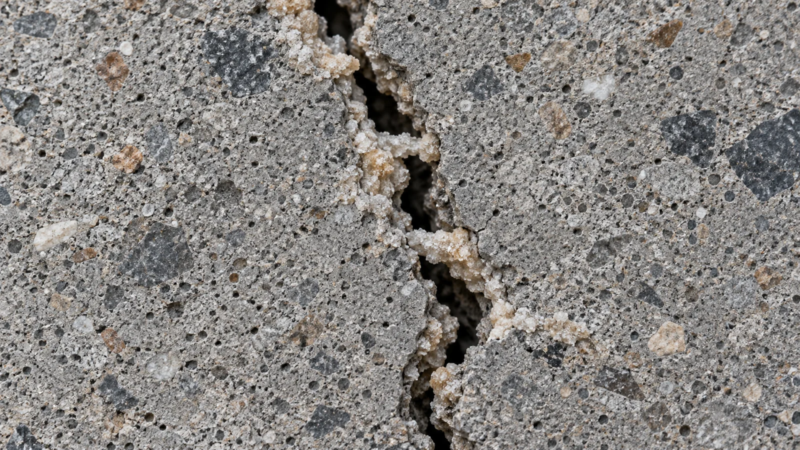 Close-up concrete section with exposed aggregate and pale mineral deposits partly bridging a central crack, with dark gaps remaining.