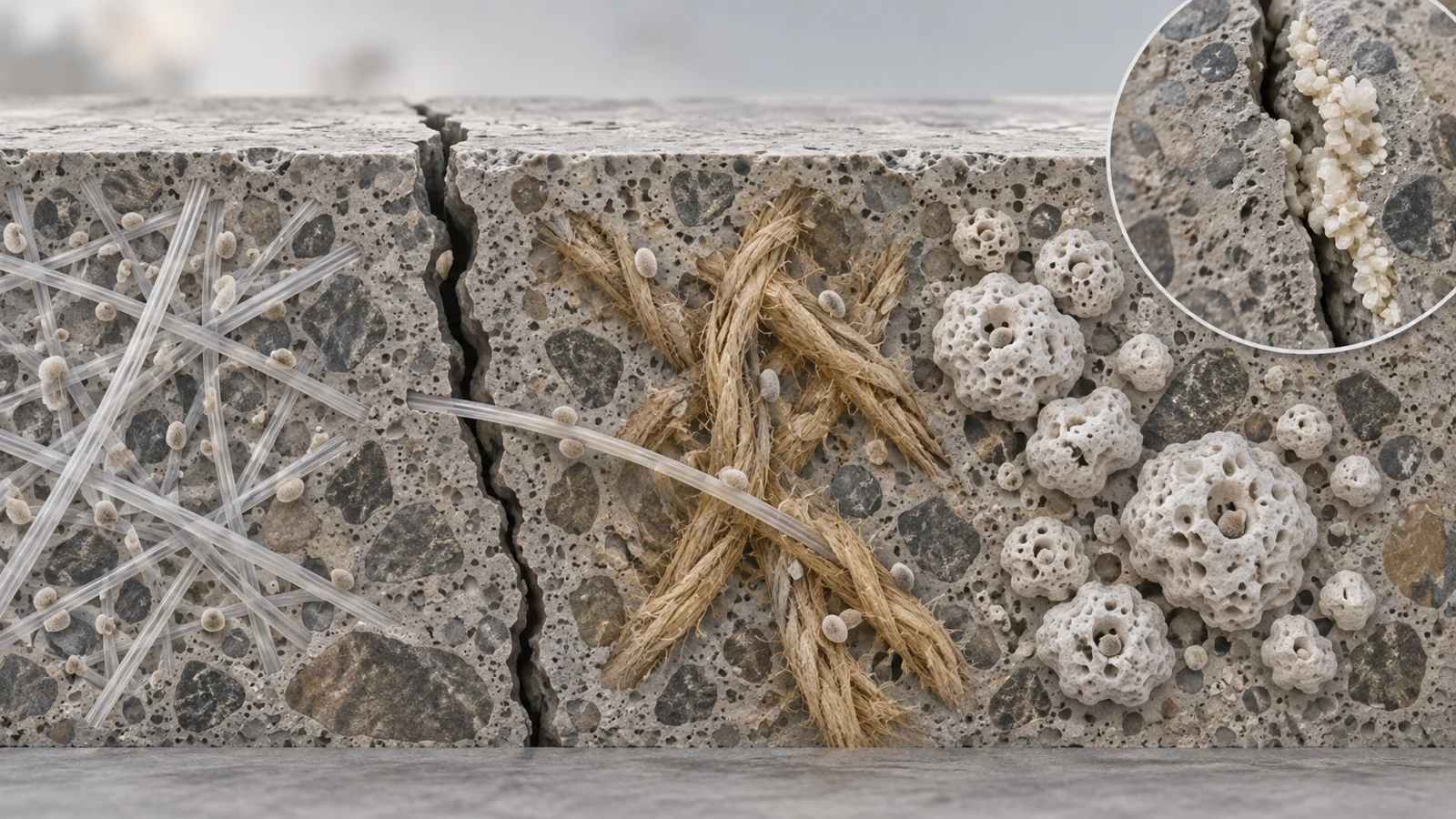 Concrete cutaway comparing synthetic fibers, sisal fibers and porous particles carrying bacterial spores near a small crack.