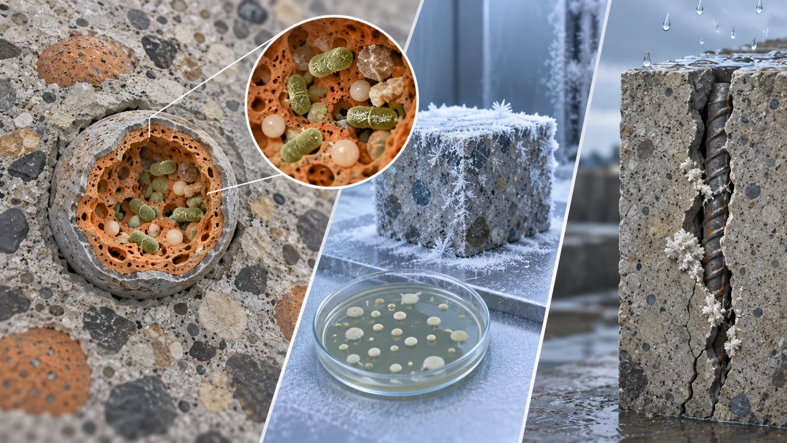 Cutaway of concrete with coated clay carrying spores beside a cracked prism receiving intermittent rain