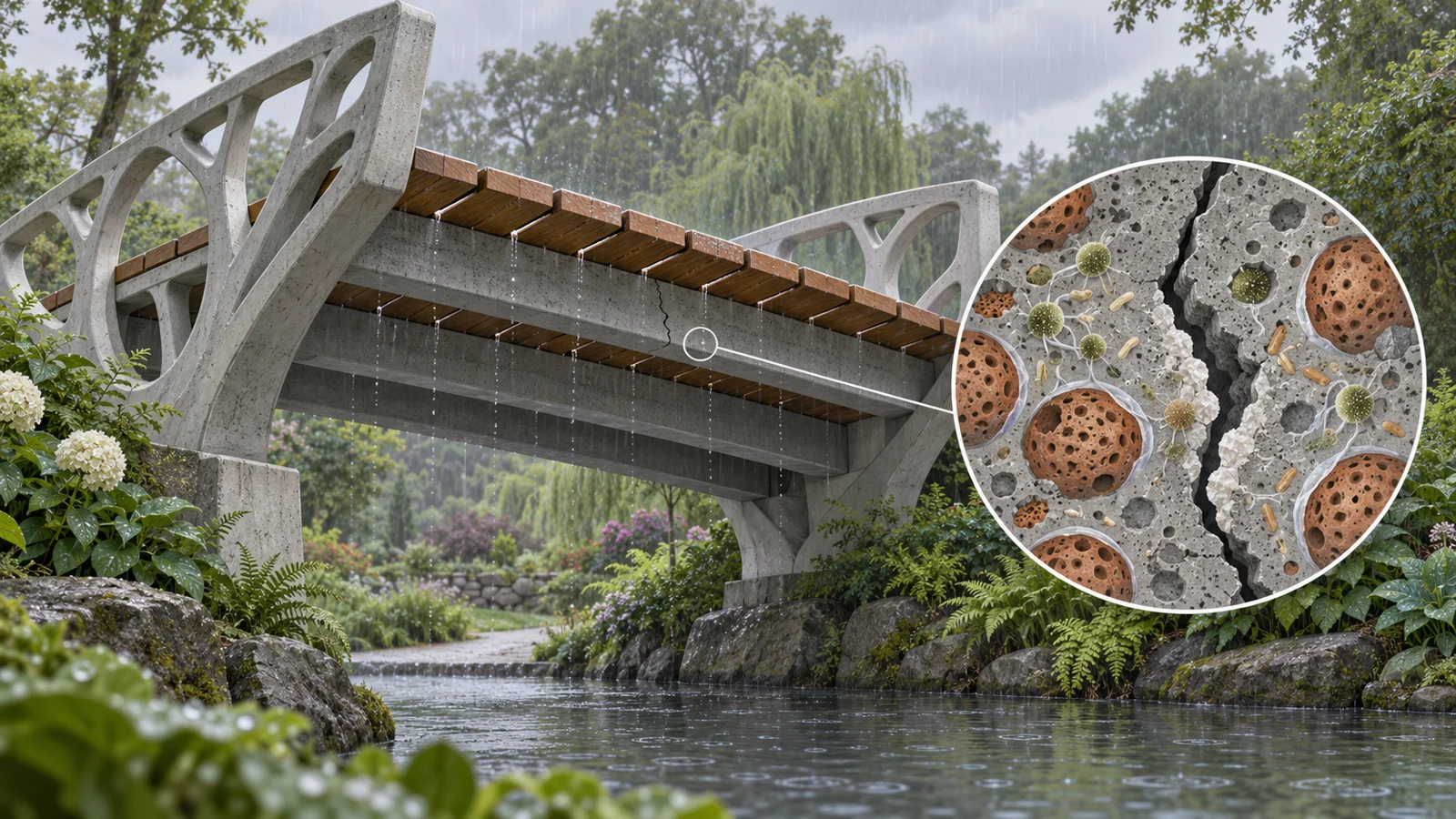 Footbridge with branching concrete trusses, gapped decking, and central beams exposed to rain