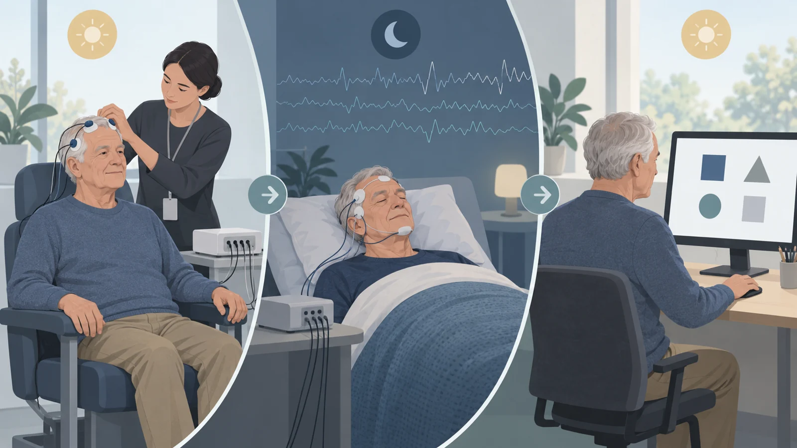 An older adult receives brain stimulation before a nap, sleeps with monitoring, then completes a computer memory task.