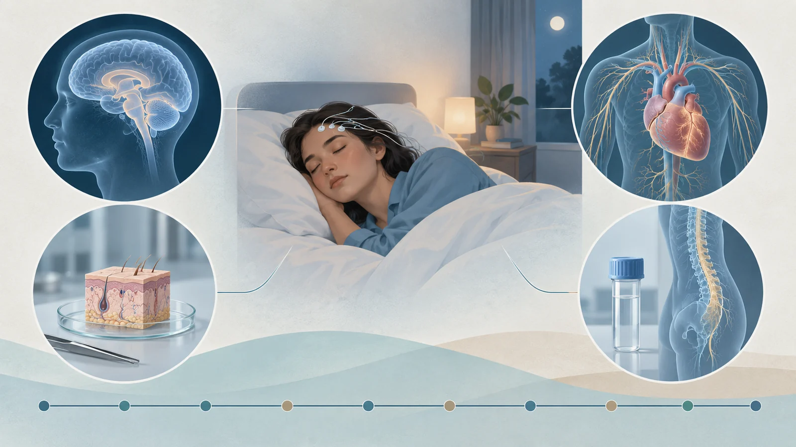 Conceptual diagram of overnight sleep testing, brain and heart imaging, biological samples, and repeated clinical assessments