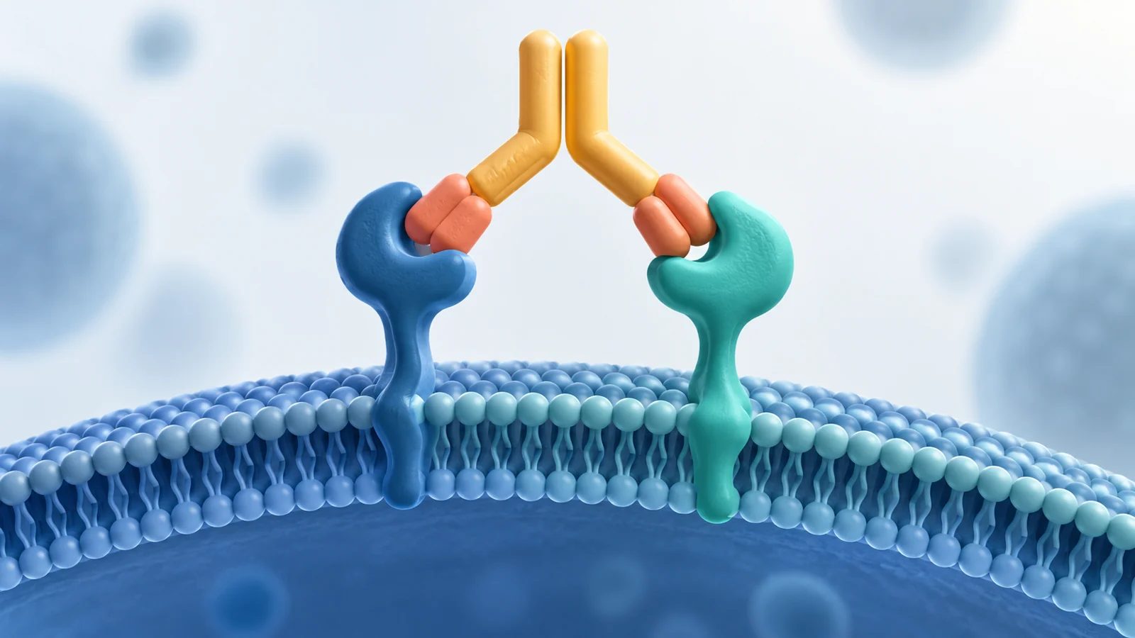 Schematic of one Y-shaped antibody engaging two checkpoint receptors on an immune cell membrane.