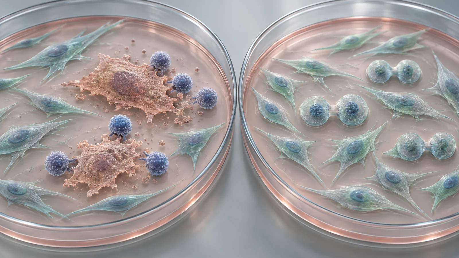 Conceptual culture showing blood lymphocytes clearing senescent stem cells while other cells divide.