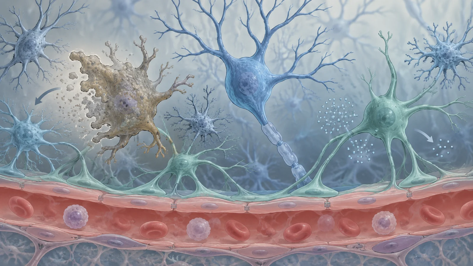 Conceptual neuron and support cells beside a blood vessel showing clearance of one senescent cell and quieter signals from another retained cell