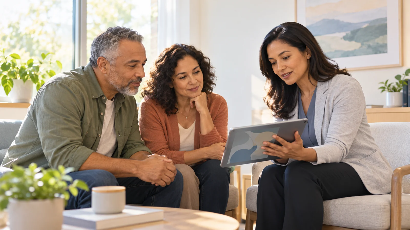 A patient and family member review an educational video on a tablet with a healthcare professional.
