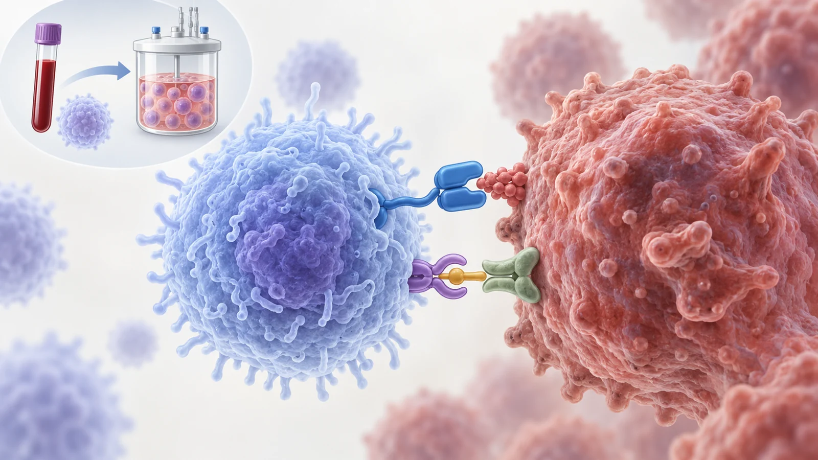 An engineered iNKT cell contacts a tumor cell through an added CAR and a separate native receptor.