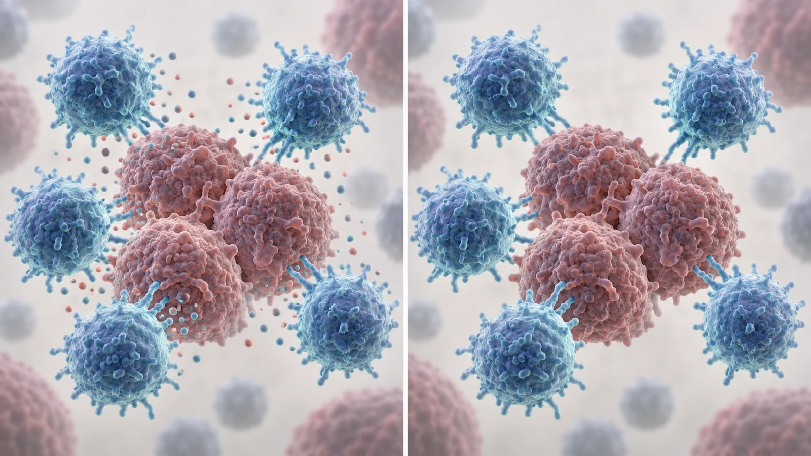 Two groups of engineered immune cells beside tumor cells, with small protein symbols released by only one group.