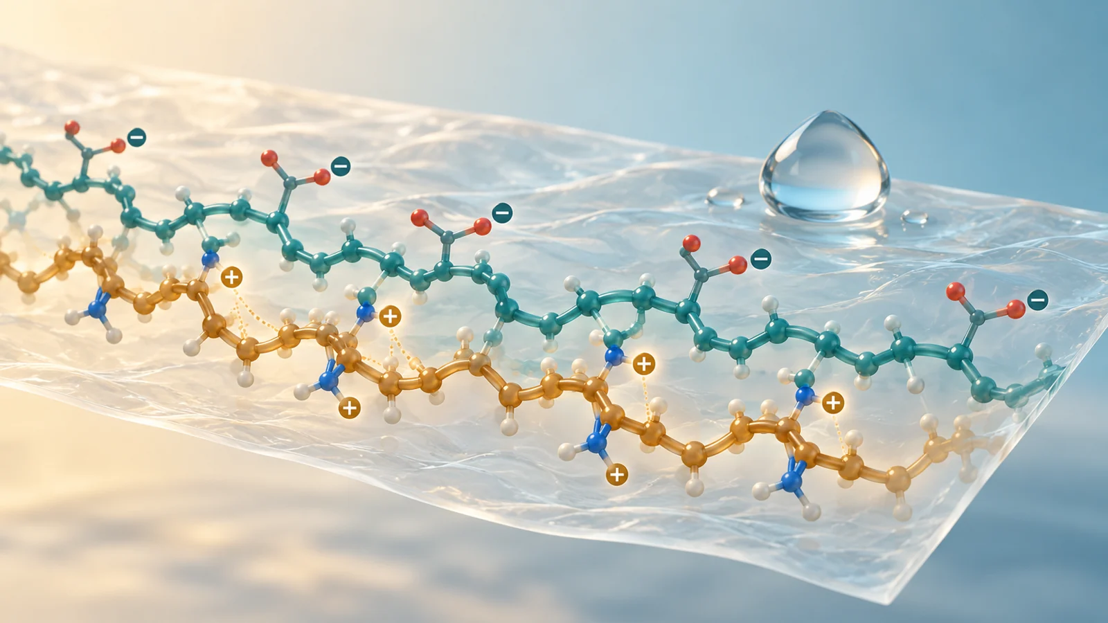 Two polymer strands with opposite charges meet in a thin film beside a water droplet.