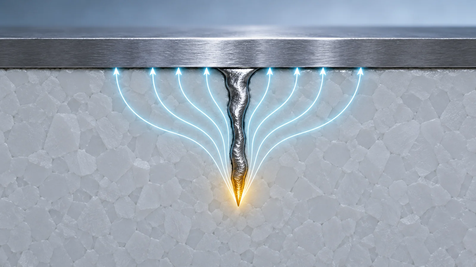 Cross-section of a metal electrode and ceramic electrolyte with current paths bending around a metal-filled interfacial crack.