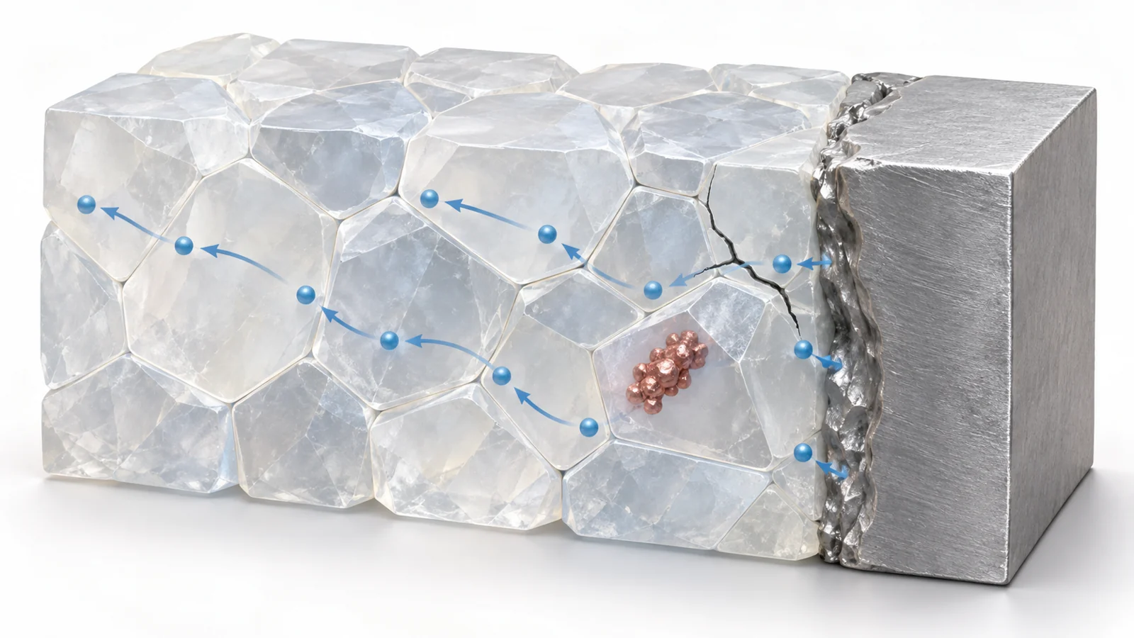 Cutaway schematic of ceramic crystals beside lithium metal showing ion movement, a grain boundary and a localized lithium deposit.