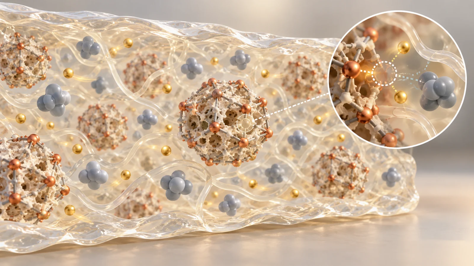 Conceptual cutaway of a polymer electrolyte with dispersed cerium-centered framework particles and distinct lithium ions and salt anions