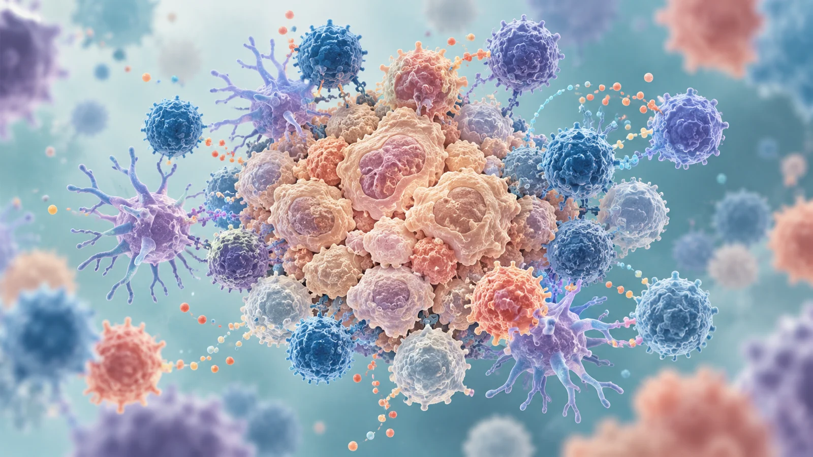 Immune cells gathered in a compact, localized inflammatory cluster, representing a sarcoid-like reaction during cancer immunotherapy.