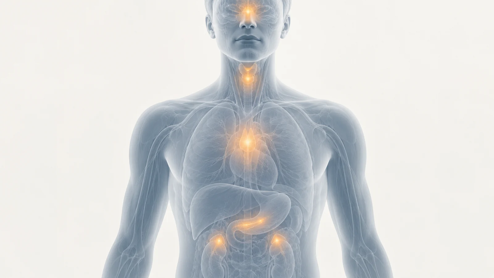 Front-facing human figure with soft amber highlights inside the body, representing the endocrine system.