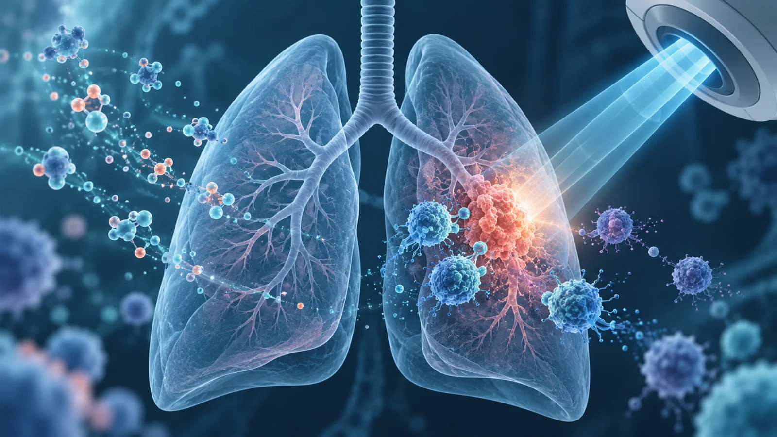 Simplified lungs with a tumor, a radiotherapy beam, and immune cells approaching the tumor.