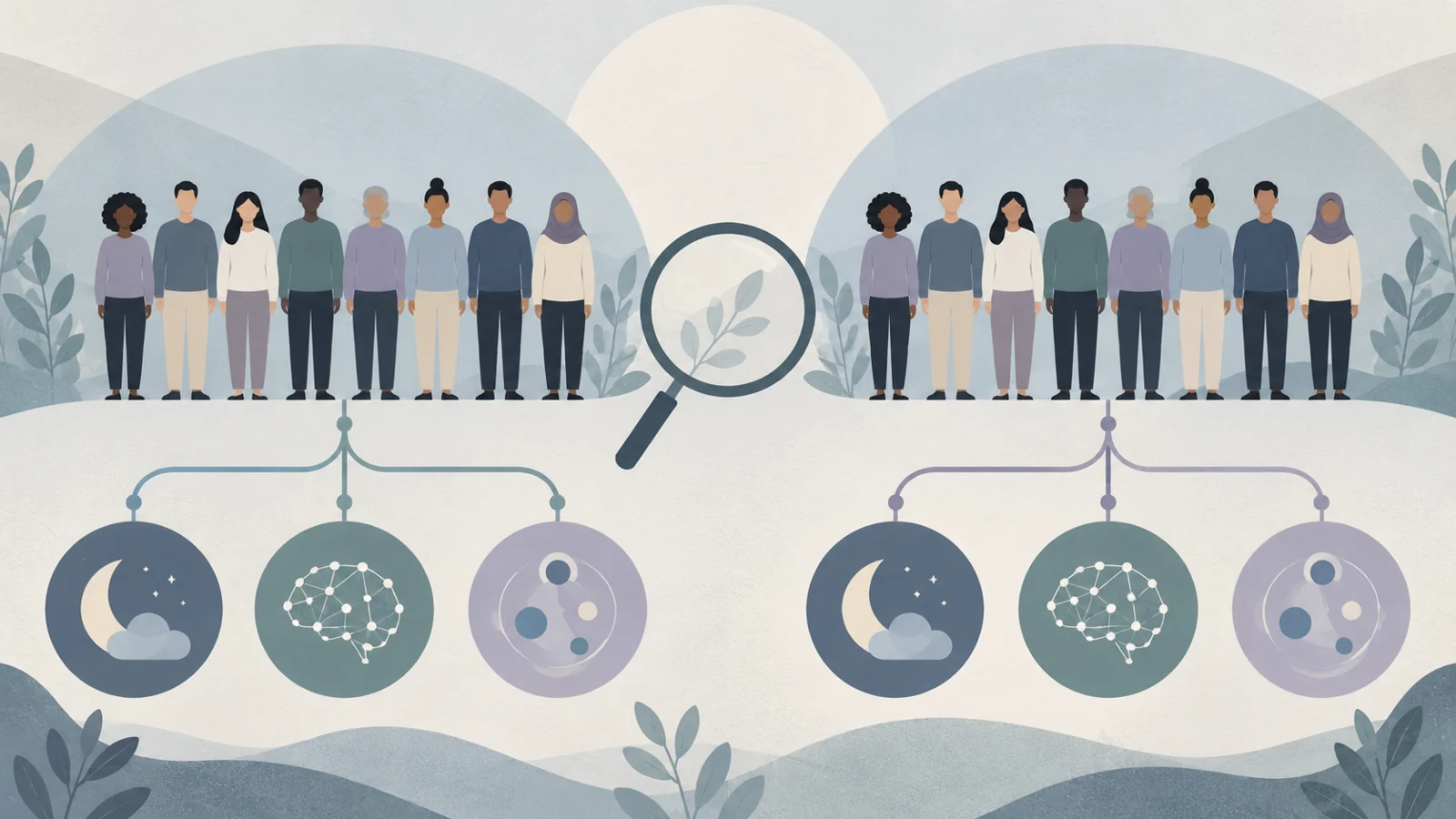 Neutral illustration of citicoline and placebo study groups linked to sleep, thinking and biological measurements.