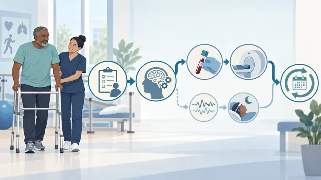 Adult receiving mobility support beside a staged pathway for cognitive screening, deeper testing and 12-month reassessment