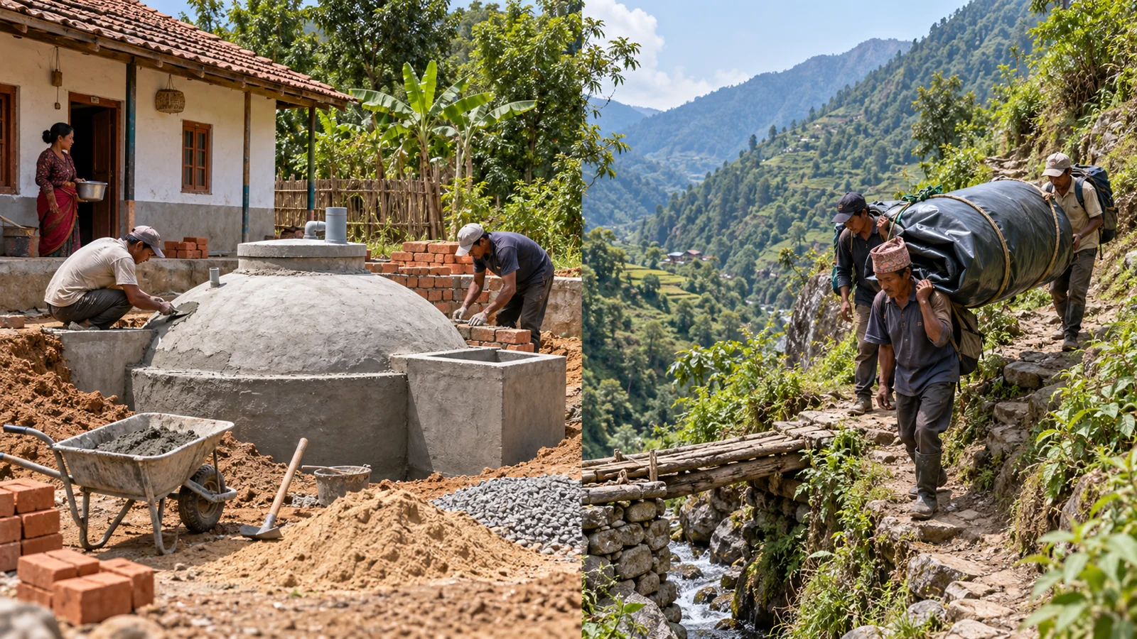 A cement household digester beside a home and a plastic digester at a hard-to-reach site.
