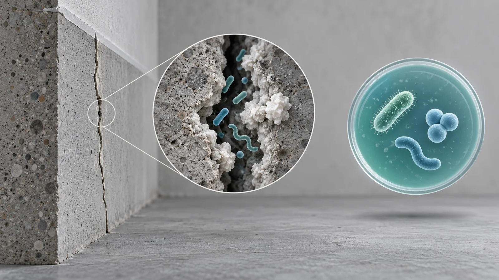 Cracked indoor concrete wall with a thin coating, resident bacteria inset and separate candidate three-species mixture.