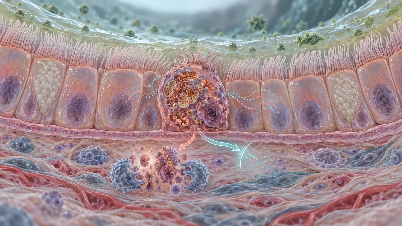 Airway lining with a damaged nondividing epithelial cell, accumulated mitochondria and proposed signals reaching nearby cells.