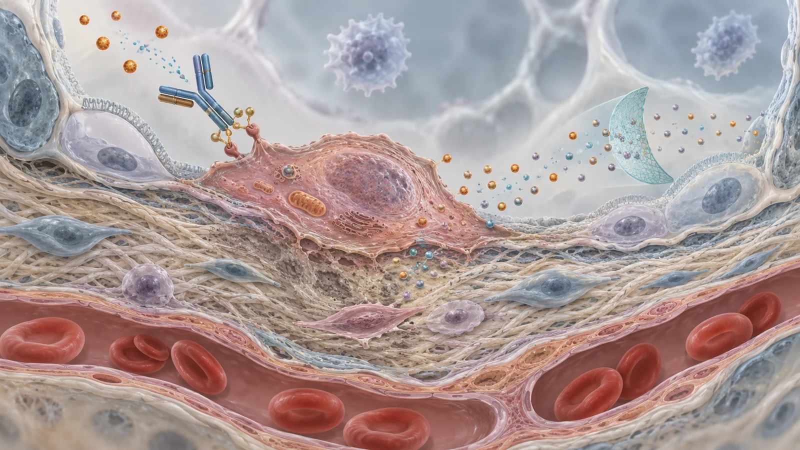 Schematic alveolar wall with a living stalled cell releasing signals near an area with limited replacement of damaged lung cells