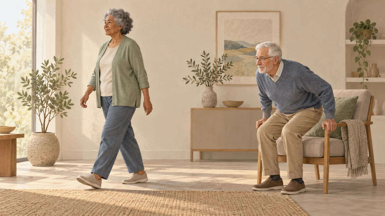 Conceptual illustration of one older adult walking and another rising from a stable chair in a neutral setting.